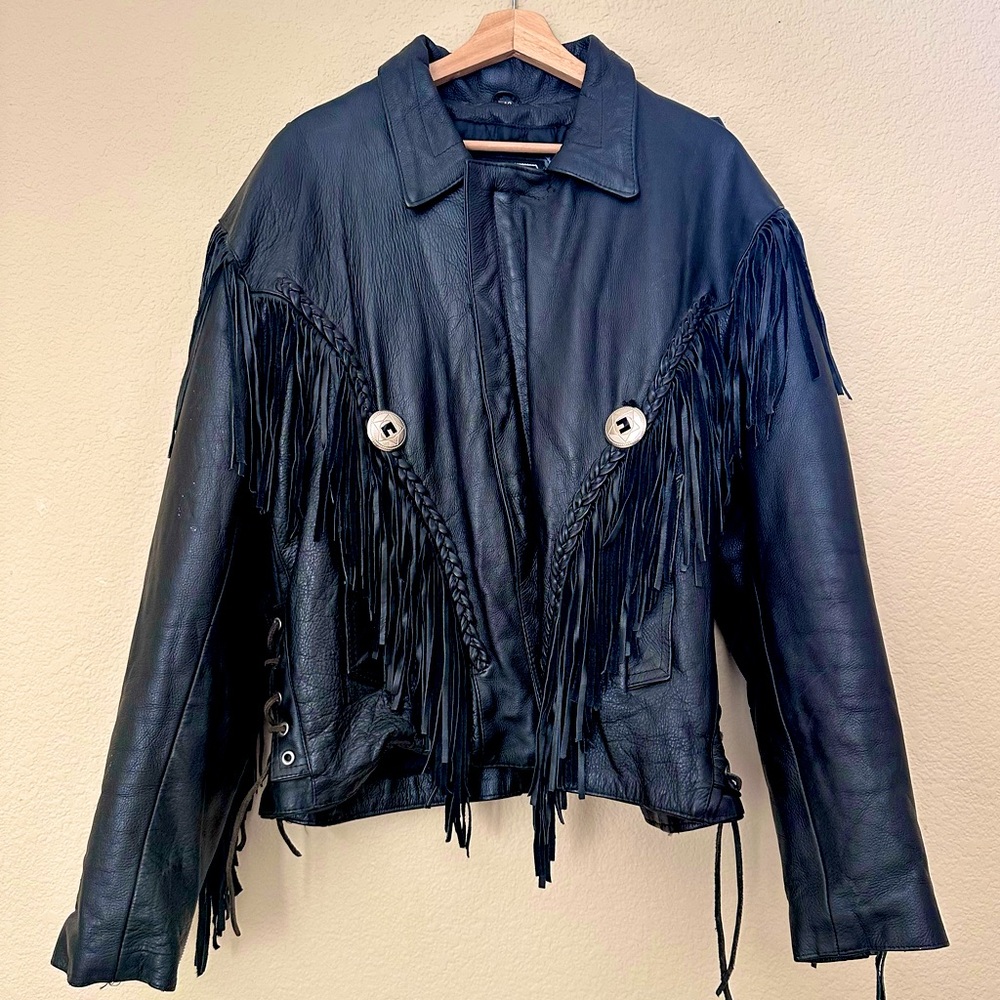 Super RARE 🔥 Vintage Diamond Leather Fringe Motorcycle Jacket – Men’s Size 48/XL